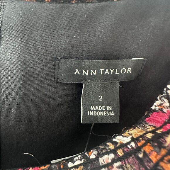 Ann Taylor Dress Womens 2 Black Pink Floral Smocked Neck Shift Chiffon Lined NEW - Picture 15 of 16